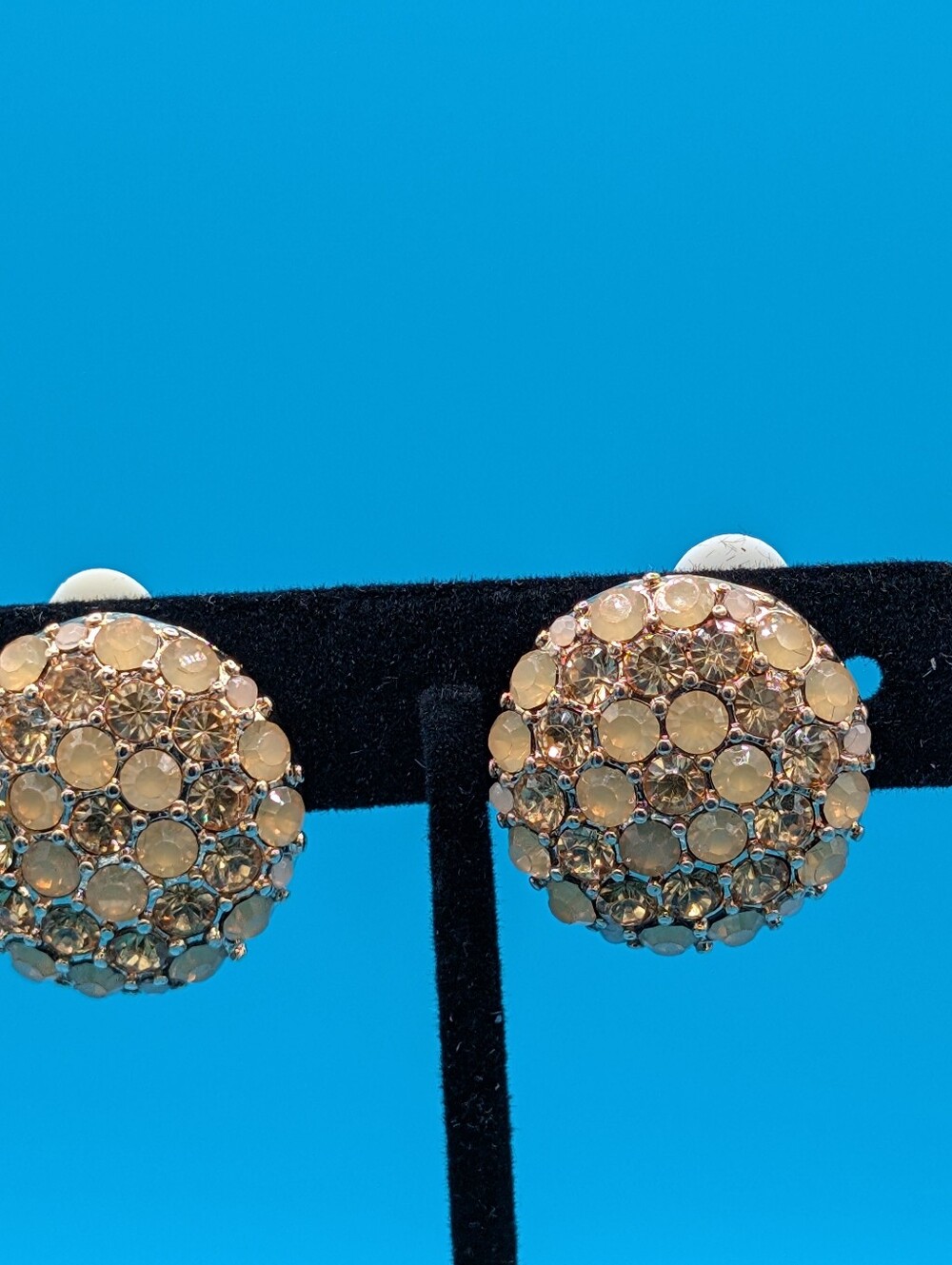 Rhinestone Cluster Round Stud Earrings - Gold Tone- Clip On